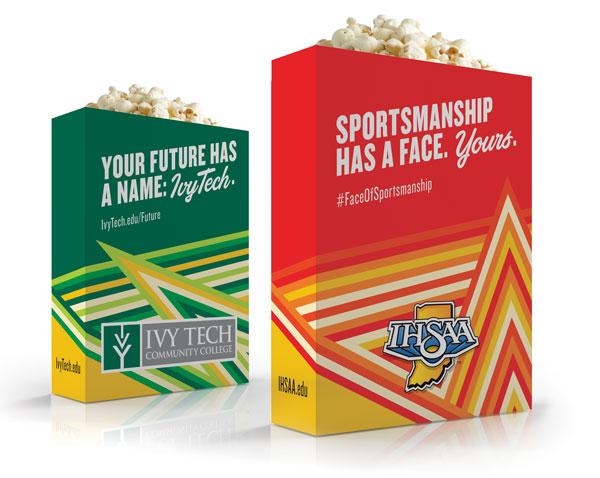 IHSAA and Ivy Tech popcorn boxes