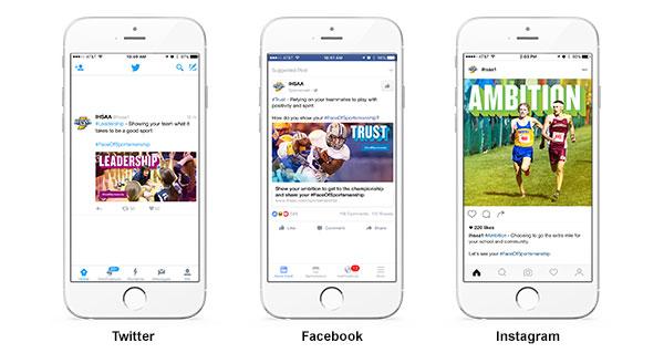 Three example images of the IHSAA's sportsmanship social media campaign from Twitter, Facebook, and Instagram.