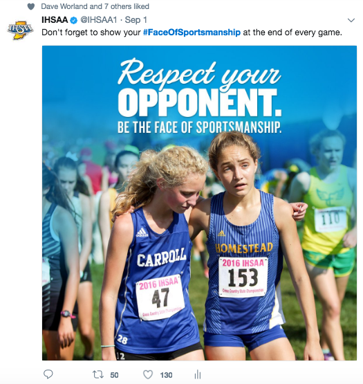 A Twitter post from the IHSAA reading: Don't forget to show your Face of Sportsmanship at the end of every game. Respect your opponent. Be the face of sportsmanship.