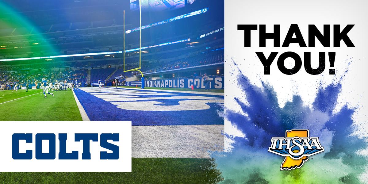 Header image of Lucas Oil Stadium with Colts logo and text: Thank you!