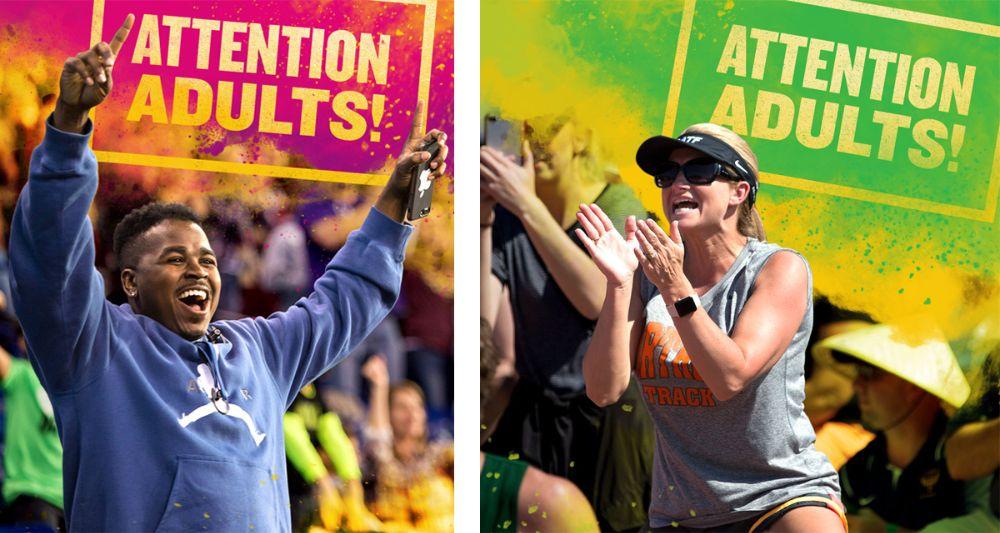 Side-by-side images of fans at IHSAA games, with text: Attention Adults!