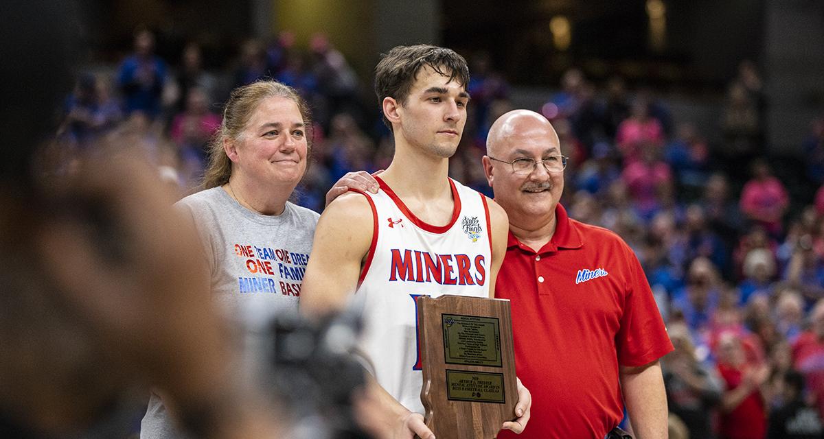 Evan Slover of Linton-Stockton's Miners receives the IHSAA Mental Attitude Award for Class 2A boys basketball.