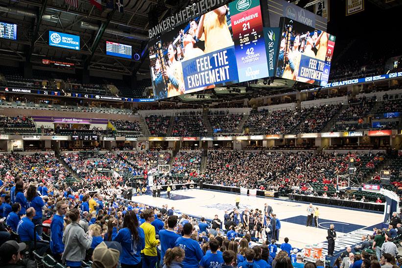 An image of Bankers Life Fieldhouse filled with fans during the last IHSAA boys basketball state finals held in 2019.