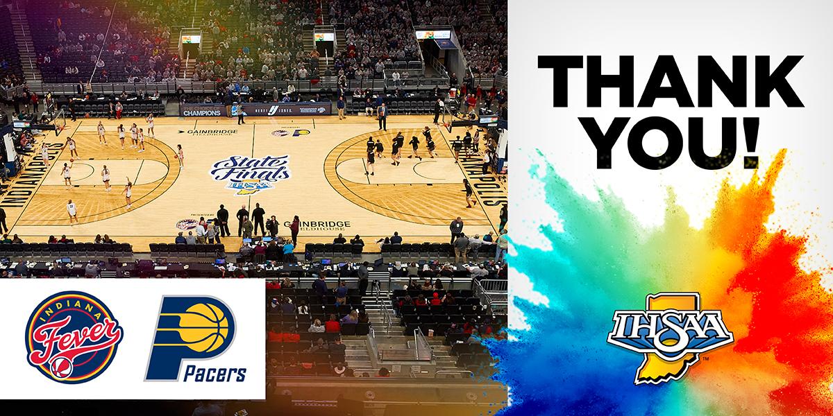 Header image of Gainbridge Fieldhouse with Indiana Fever and Indiana Pacers logos, with text: Thank you!
