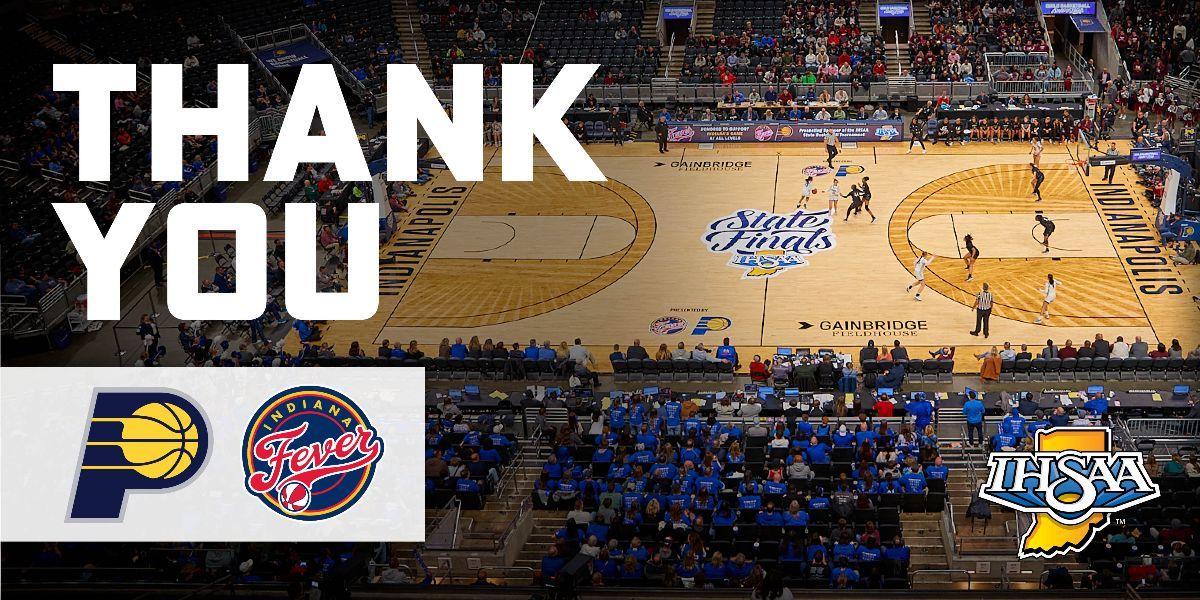 Header image of Gainbridge Fieldhouse with Pacers and Fever logos, with text: Thank you.