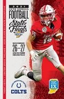 2021-22 Boys Football Finals Program featuring a boy running with the football nestled between his hand, elbow, and chest.