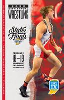 2021-22 Boys Wrestling Finals Program featuring a boy cheering in a victory match.