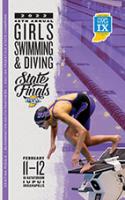 2021-22 Girls Swimming and Diving Finals Program featuring a girl getting ready to dive into the pool