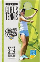 2021-22 Girls Tennis Finals Program featuring a girl serving the tennis ball with her tennis racket.