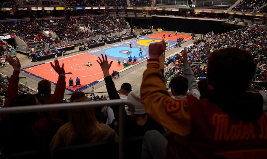 People cheer in the crowd at a wrestling match